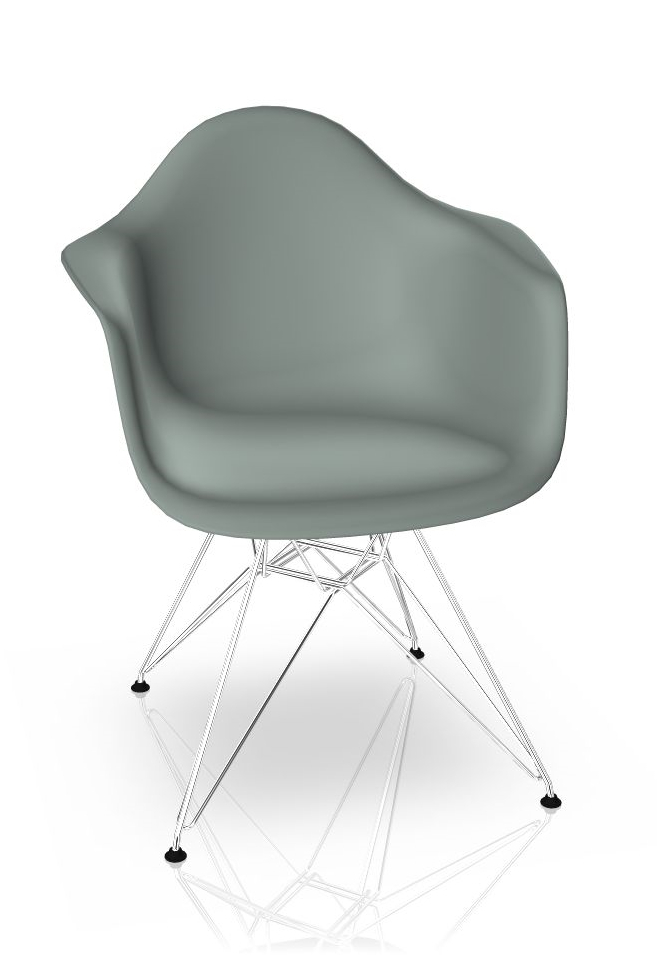 Hellgrauer Eames Plastic Arm Chair mit verchromtem Eiffel-Gestell von Vitra. Designklassiker für Wohnzimmer und Büro.