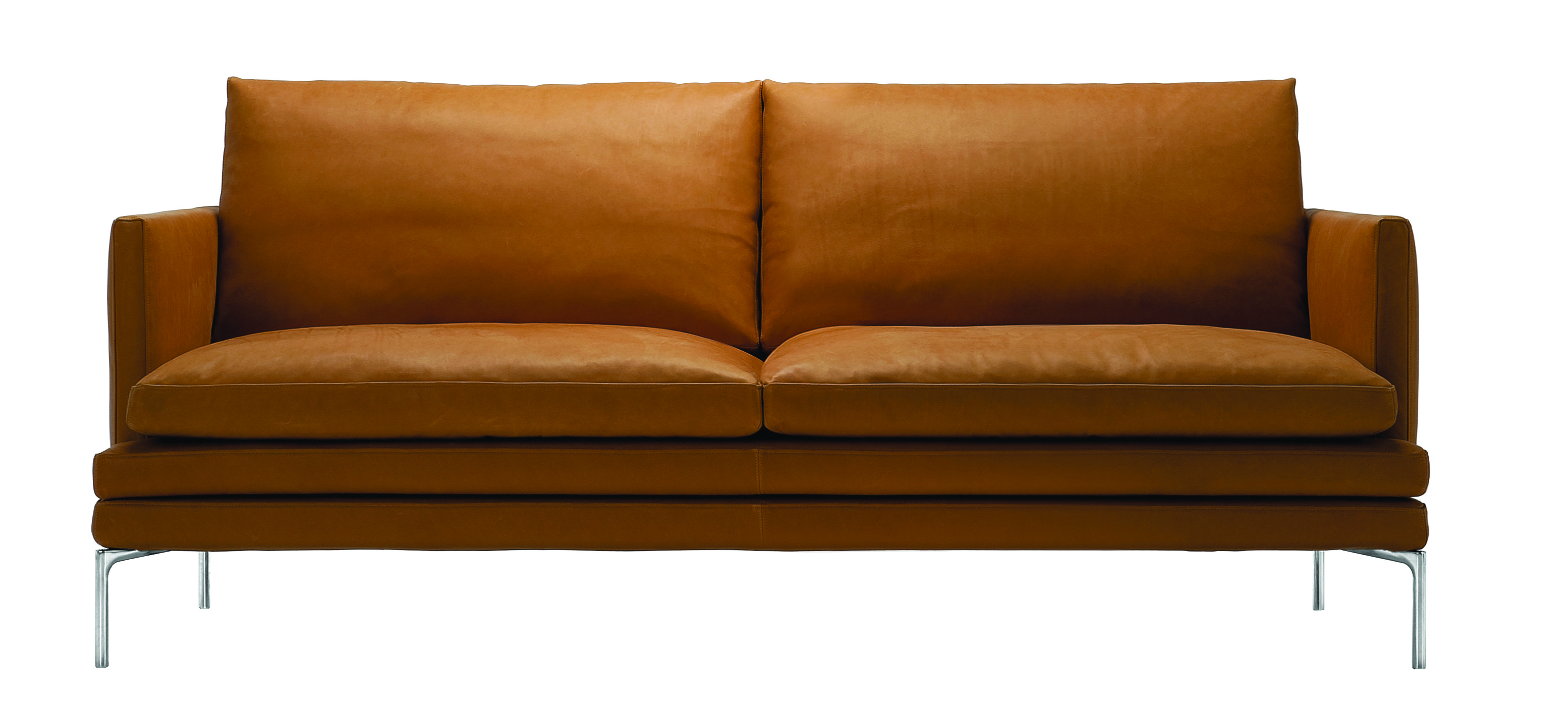 Zanotta William Ledersofa, 2-Sitzer in Cognacbraun mit minimalistischem Design und filigranen Metallfüßen.