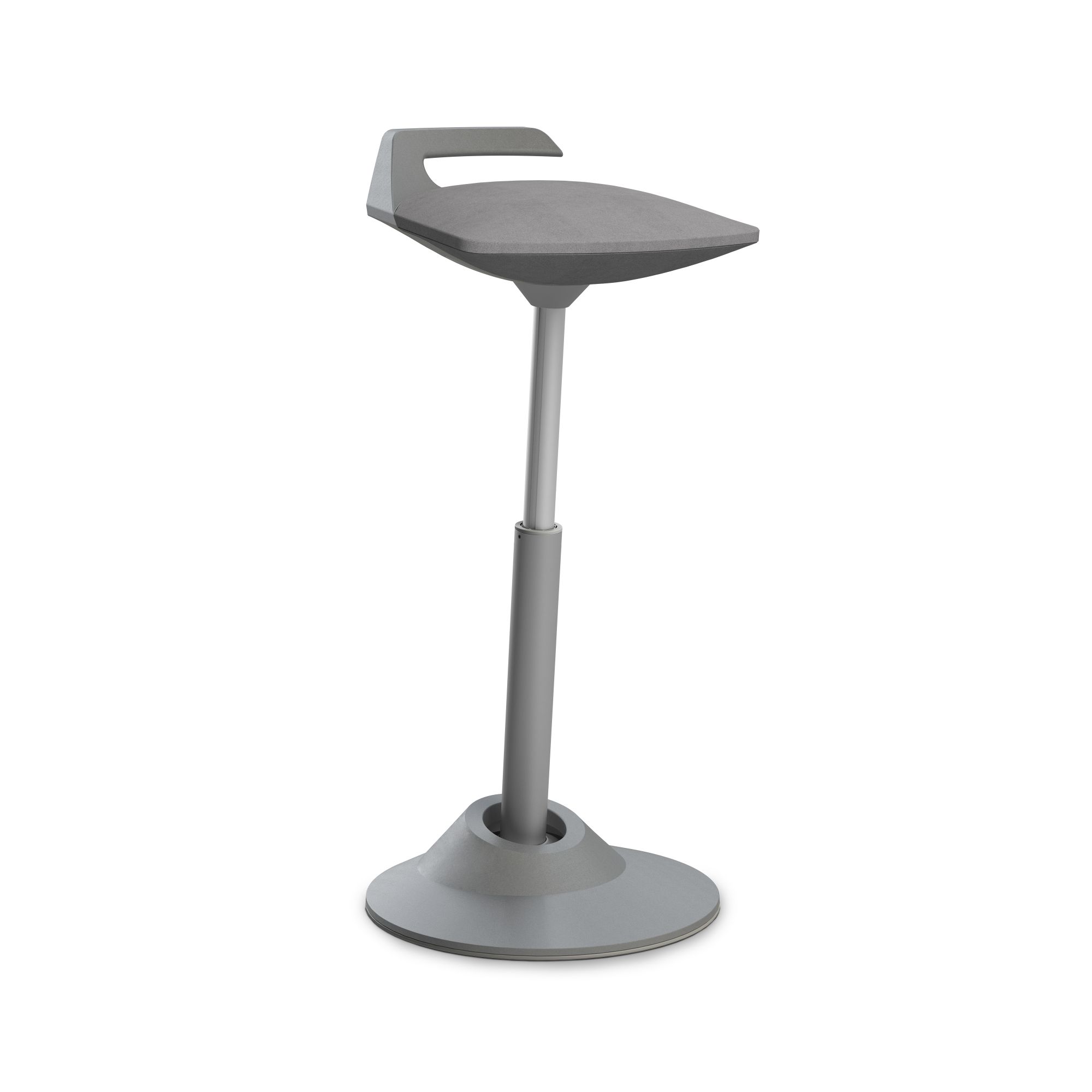 Grauer, höhenverstellbarer Stehhocker mit Fußstütze für ergonomisches Arbeiten im Büro oder Homeoffice.