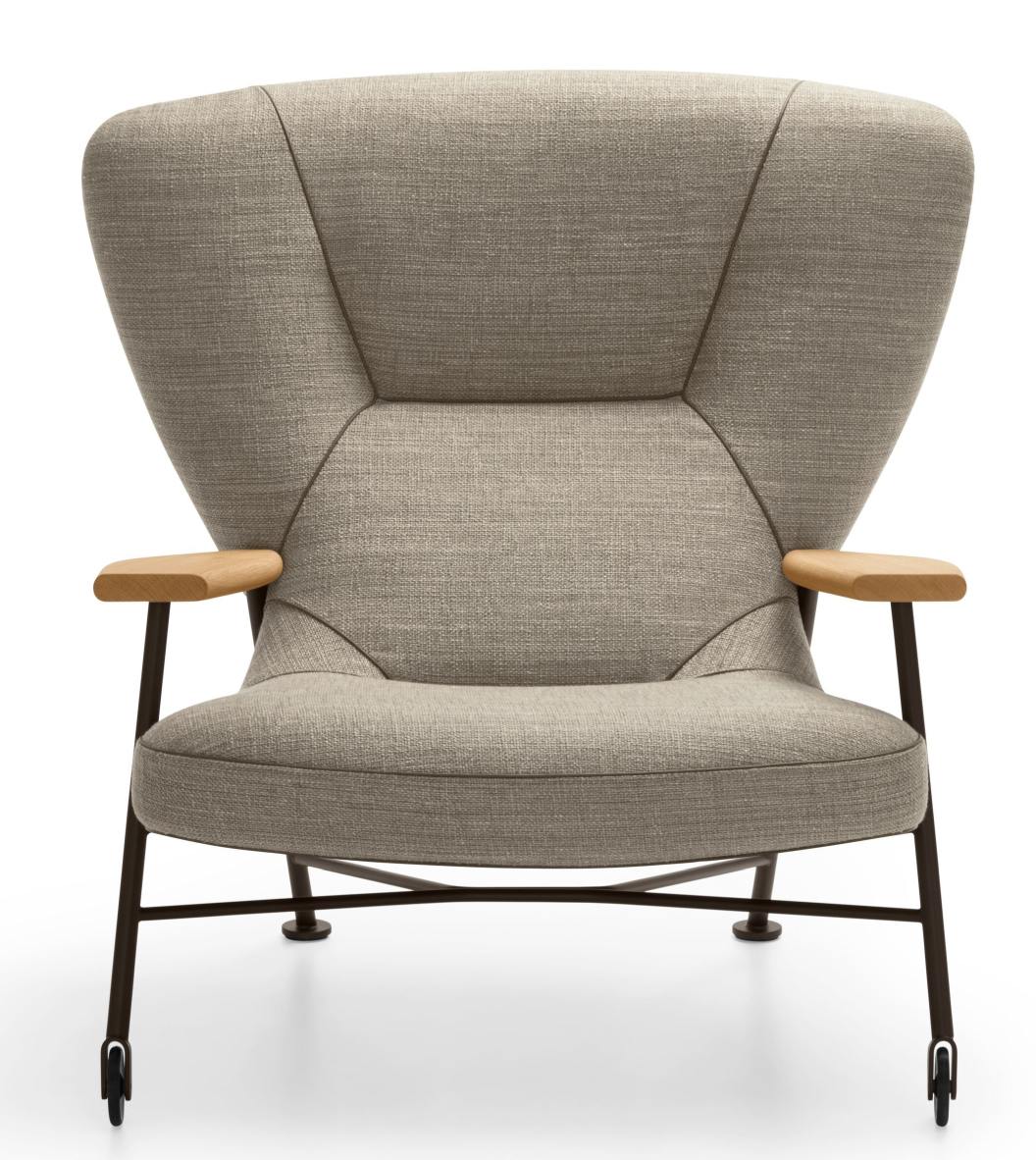 Walter Knoll Sessel Shinzo Lounge Chair 264/265, grauer Stoffbezug, Holzarmlehnen und filigranes Metallgestell.