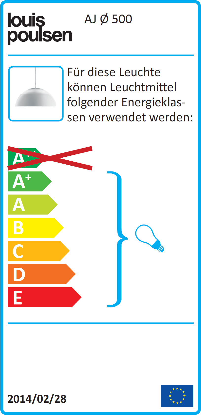 AJ Royal Pendelleuchte Louis Poulsen: Energieeffizienzlabel mit Energieklassen von A+ bis E.