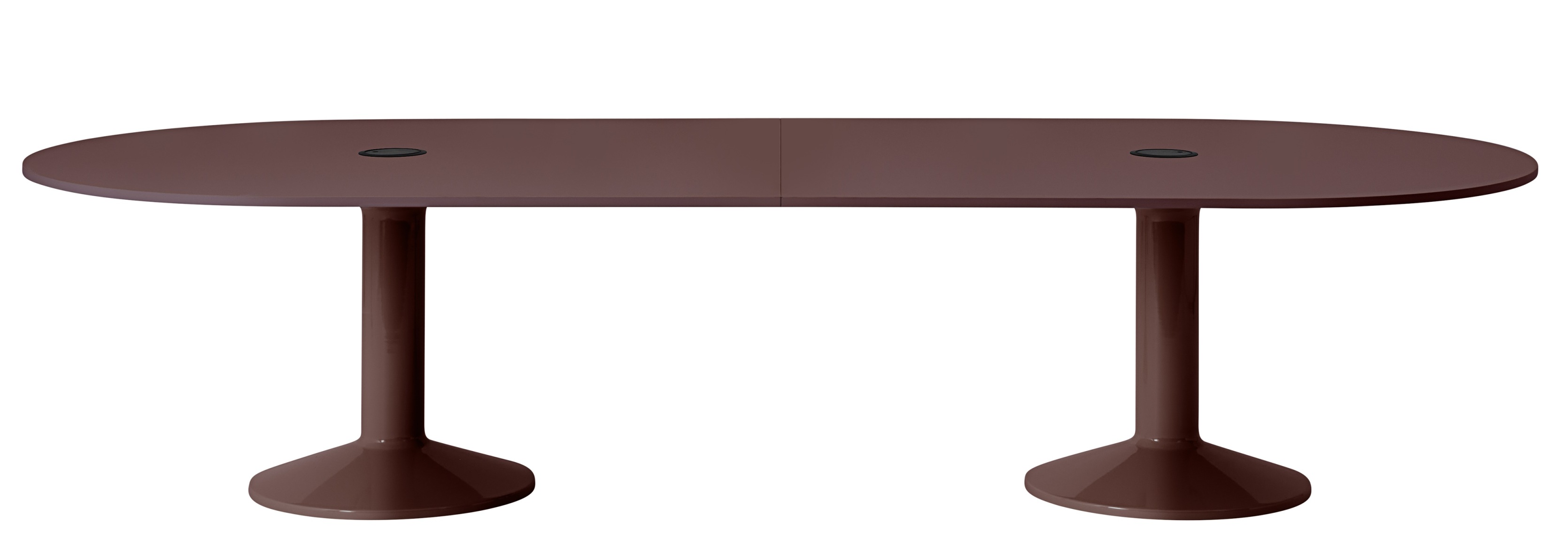 Muuto Midst Konferenztisch in Braun, oval, mit zwei Säulenfüßen und Kabeldurchlässen für moderne Büros.