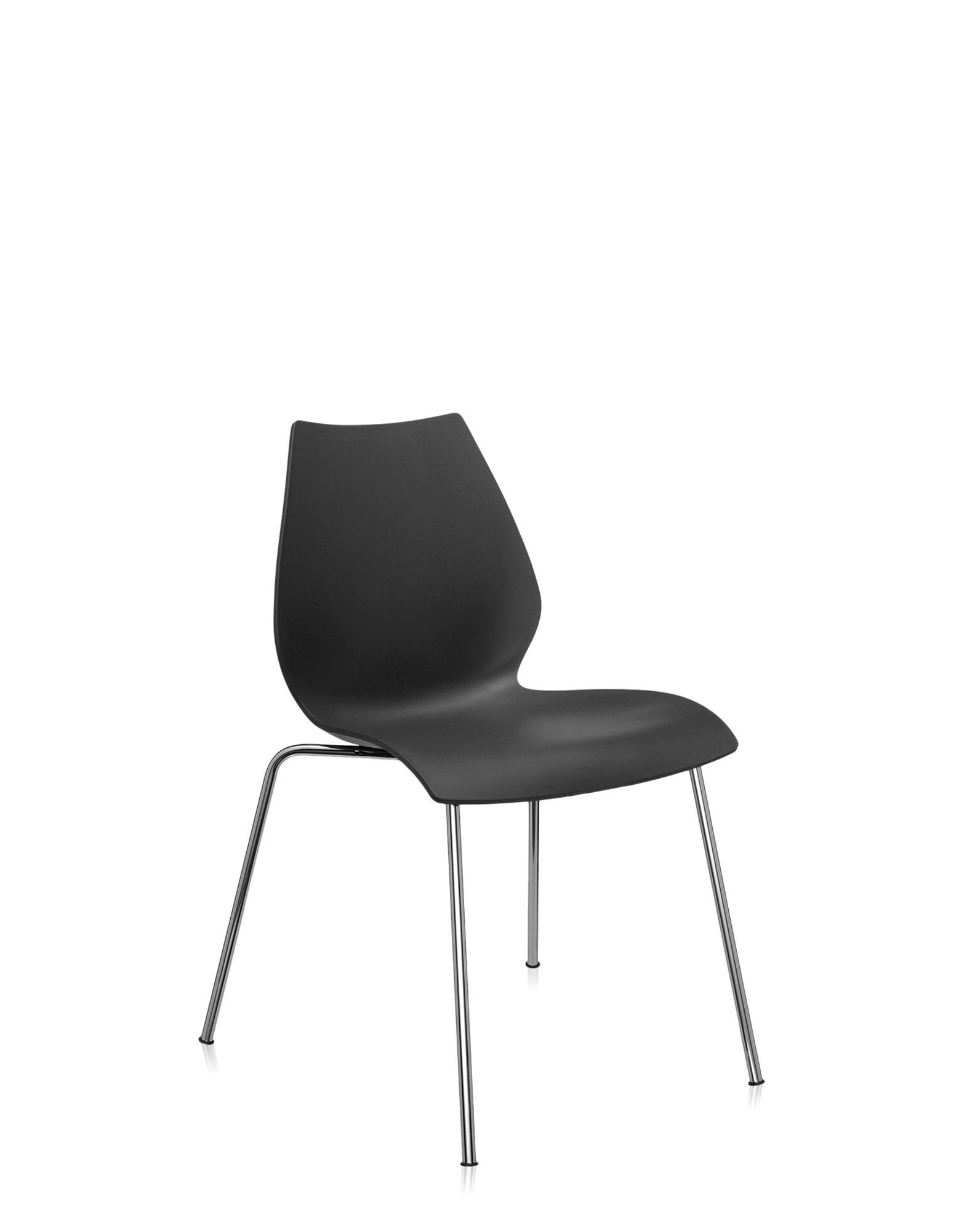 Anthrazitfarbener Kartell Stuhl ohne Armlehne mit Chromgestell, moderner Designstuhl für Esszimmer und Büro.