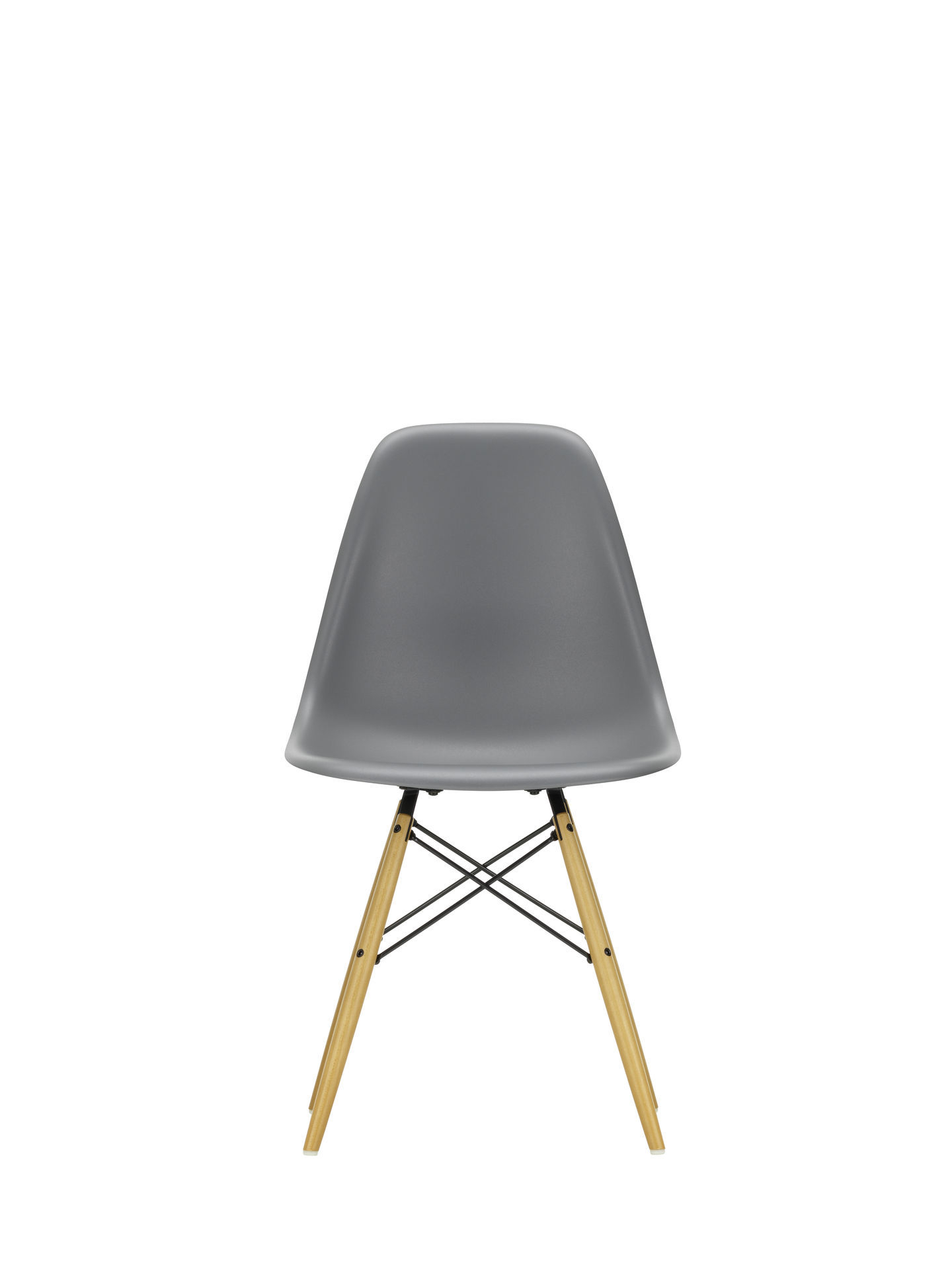 Grauer Eames DSW Stuhl mit Ahorn-Holzbeinen und schwarzem Gestell von Vitra. Designklassiker für Wohnen und Büro.