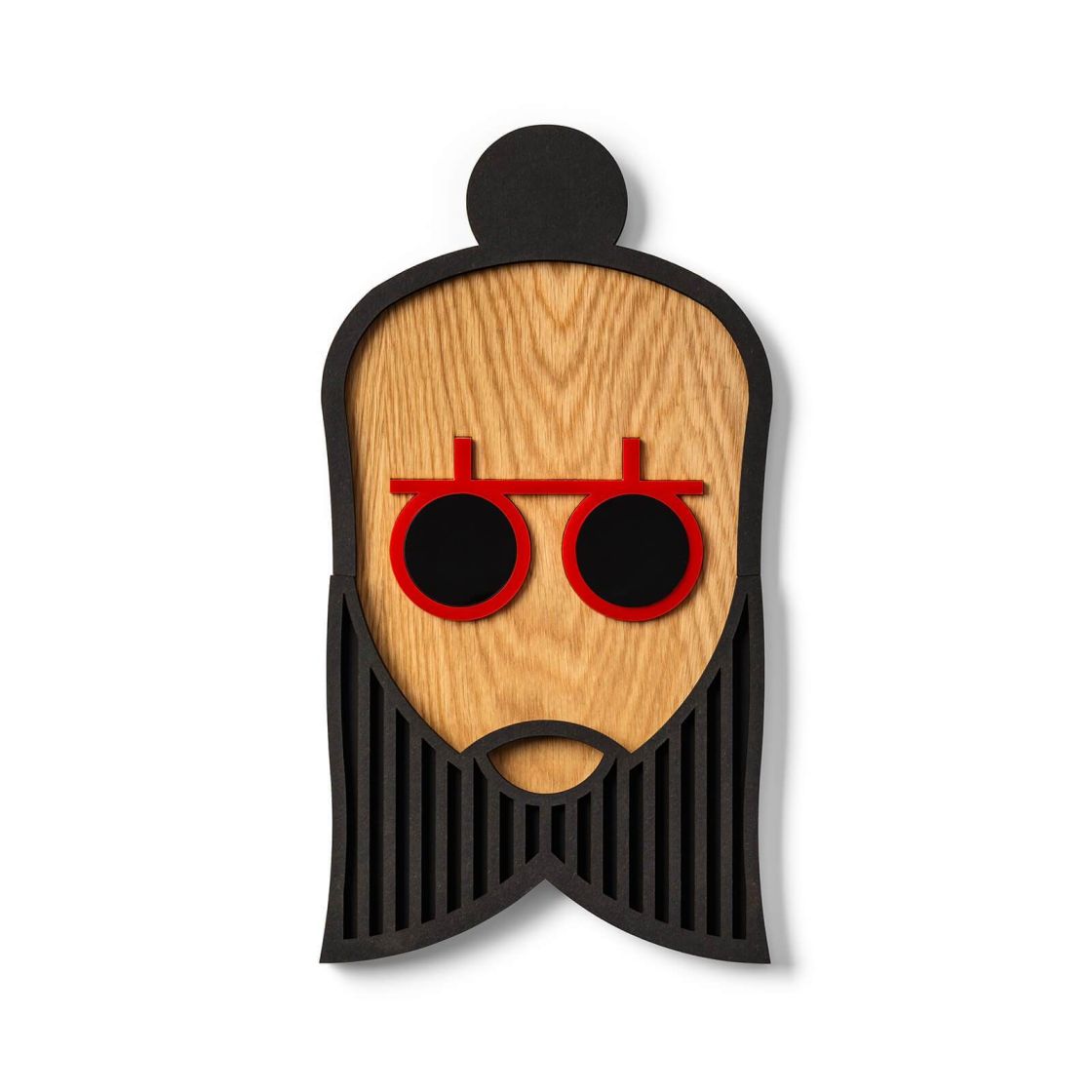 Hipster Mayson Wandschmuck: Einzigartige, hölzerne Wanddeko im angesagten Hipster-Design mit roter Brille und schwarzem Bart.