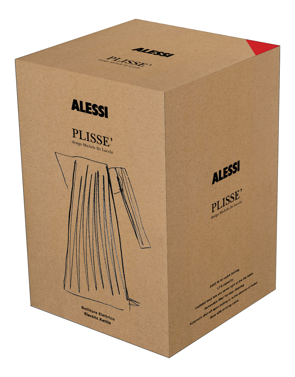 Verpackung des Alessi Plissé Wasserkochers in Grau, mit Skizze des Produkts auf dem Karton.