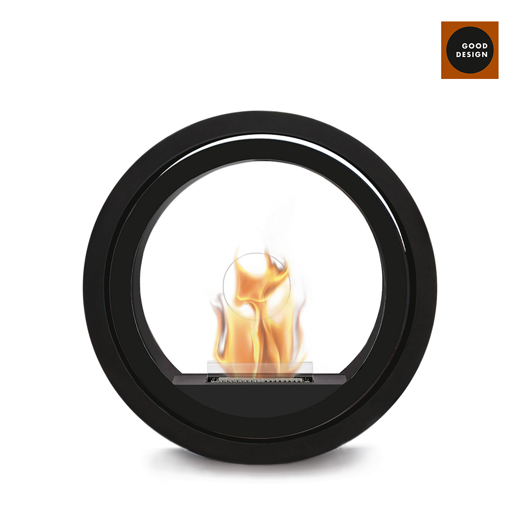 Roll Fire Conmoto rollbarer Kamin mit Tenderflame Brenner, modernes Design, schwarzer runder Rahmen.