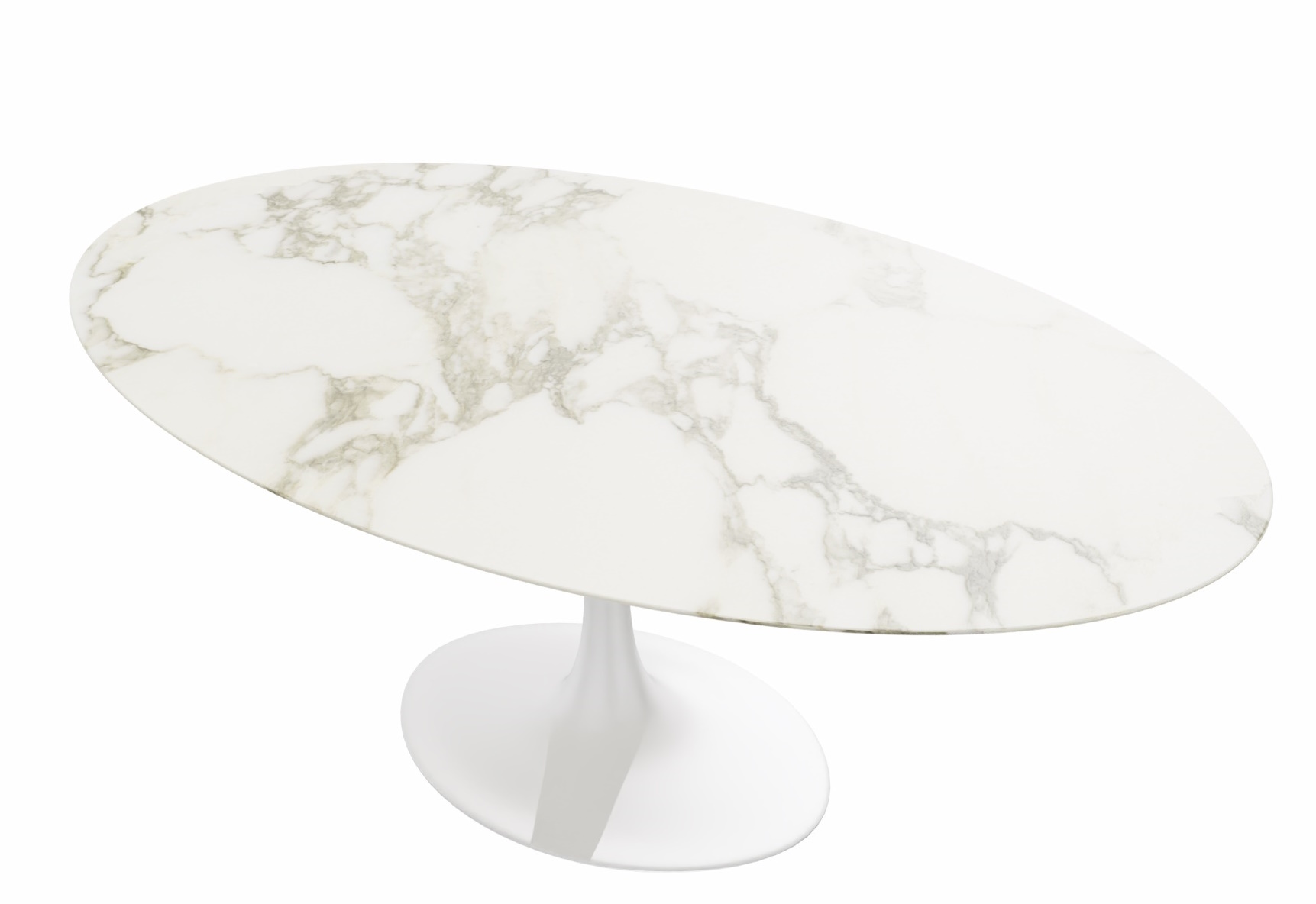 Saarinen Esstisch oval von Knoll International mit weißer Marmorplatte und weißem Fuß.