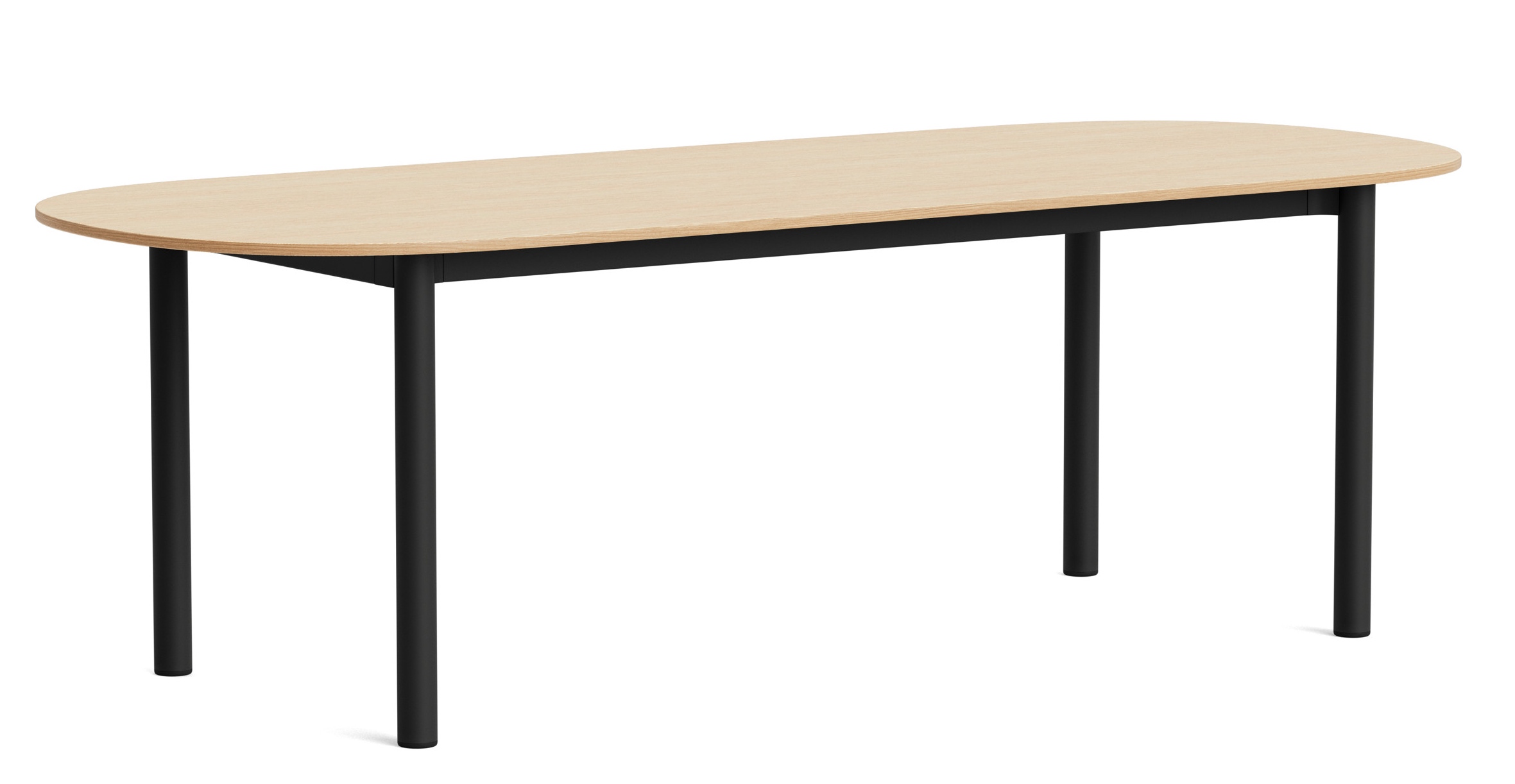 Annex Table von Hay: Ovaler Esstisch mit heller Tischplatte und schwarzen Metallbeinen, geeignet für Esszimmer.