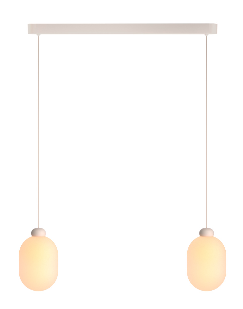 Sun Duo Pendelleuchte Grau: Moderne Hängelampe mit zwei runden, leuchtenden Lampenschirmen für stilvolle Beleuchtung.