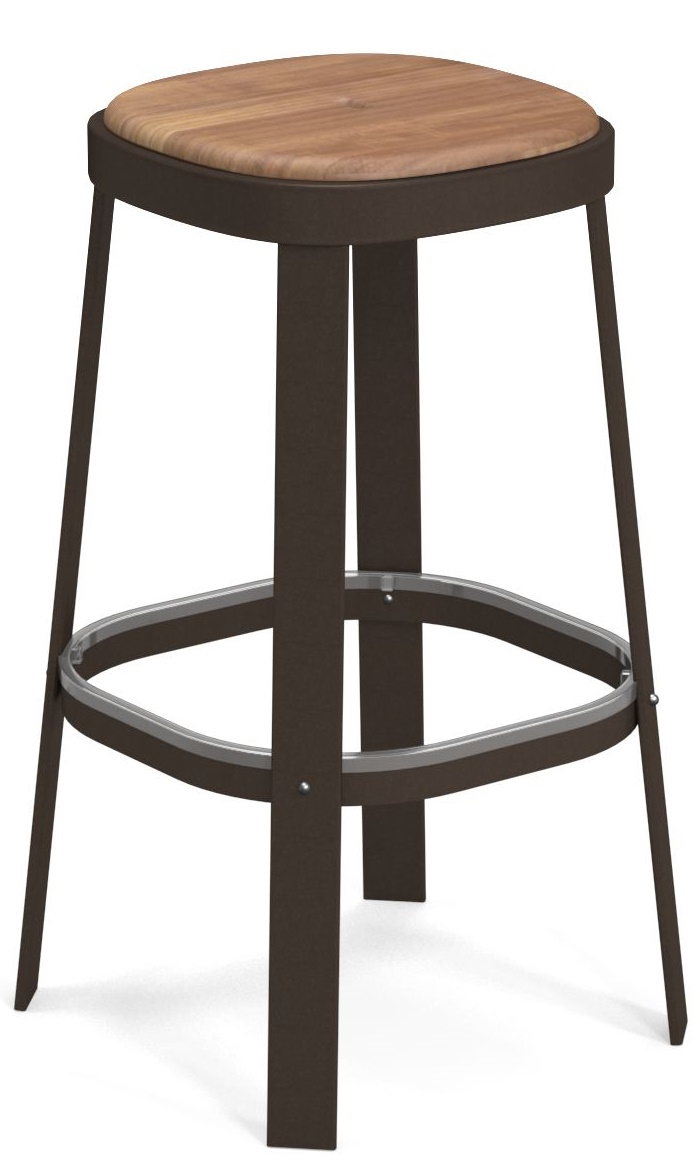 Thor Barstool Barhocker Outdoor Emu mit Holz-Sitzfläche und braunem Metallgestell für den Garten.