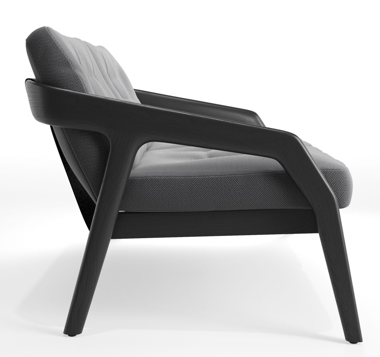 Friday 2 Sofa 2-Sitzer Zeitraum, graues Stoffsofa mit dunklem Holzrahmen, modernes Design für Wohnzimmer und Büro.