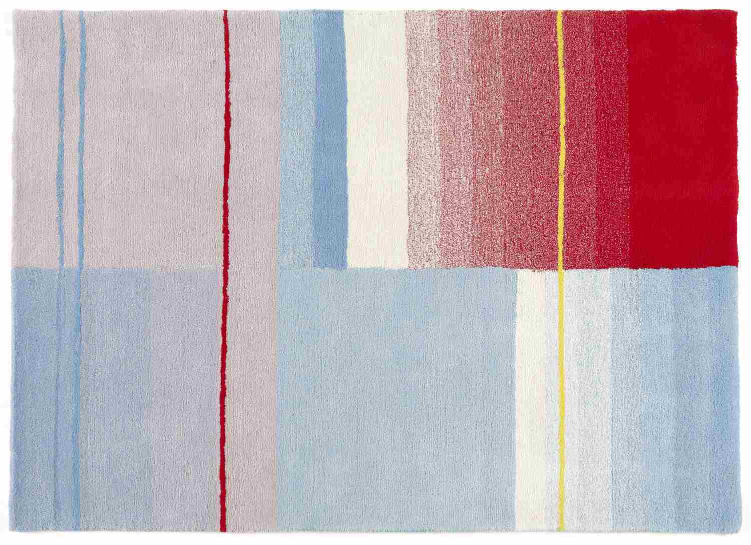 Farbenfroher Hay Teppich mit geometrischen Mustern in Rot, Blau, Weiß und Gelb. Moderner Teppich für Wohnzimmer.