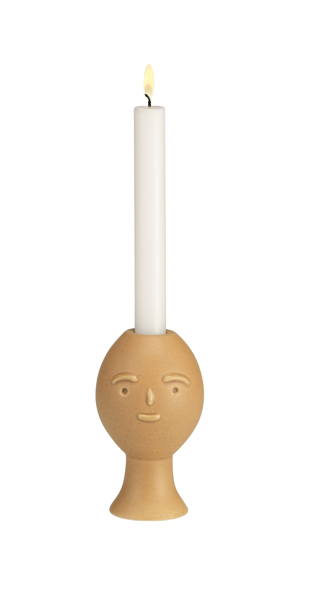 Artek Lucius Kerzenständer aus Keramik mit Gesicht und brennender, weißer Stabkerze.