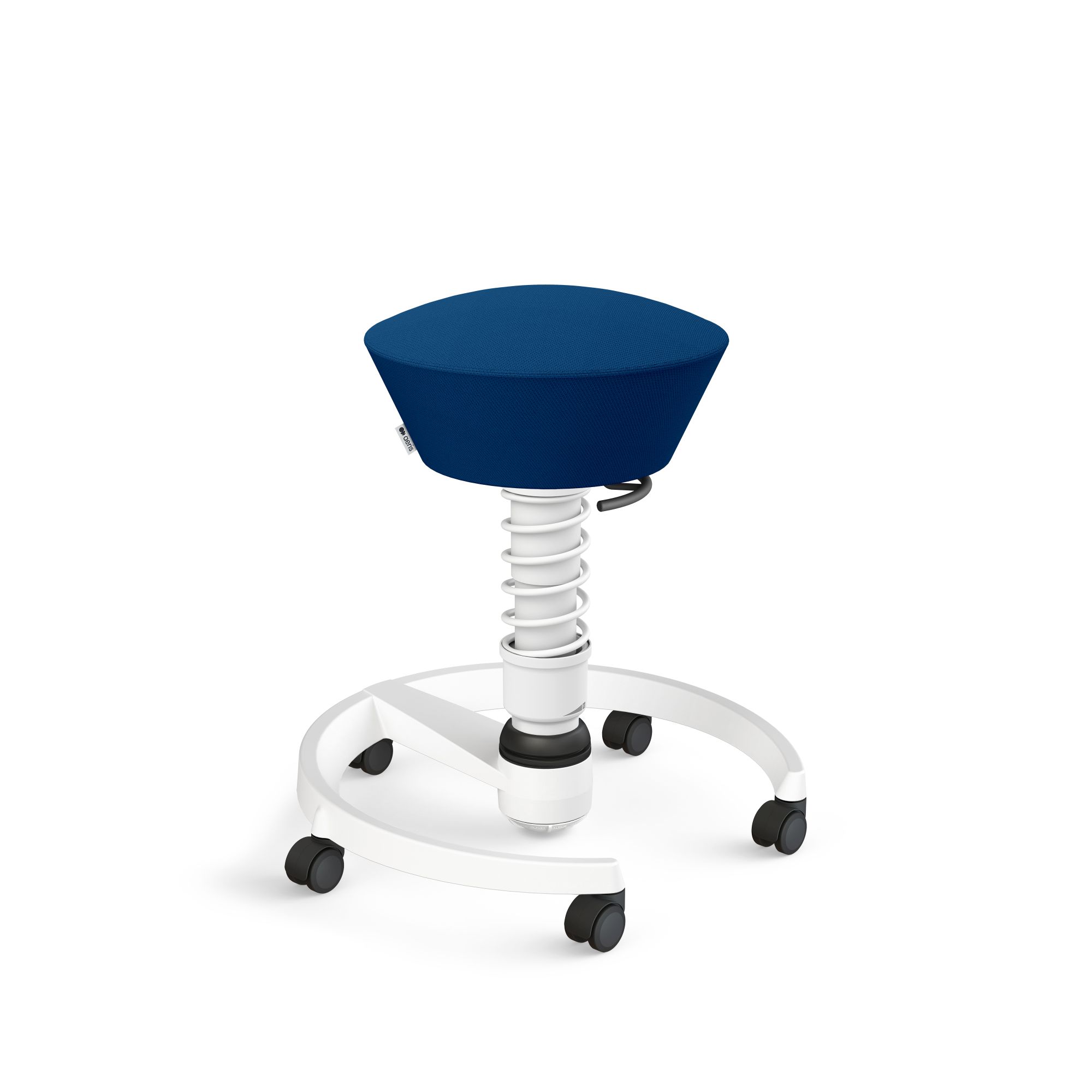 Aeris Swopper Bürostuhl mit blauer Sitzfläche und weißem Fußkreuz auf Rollen, ergonomisch.