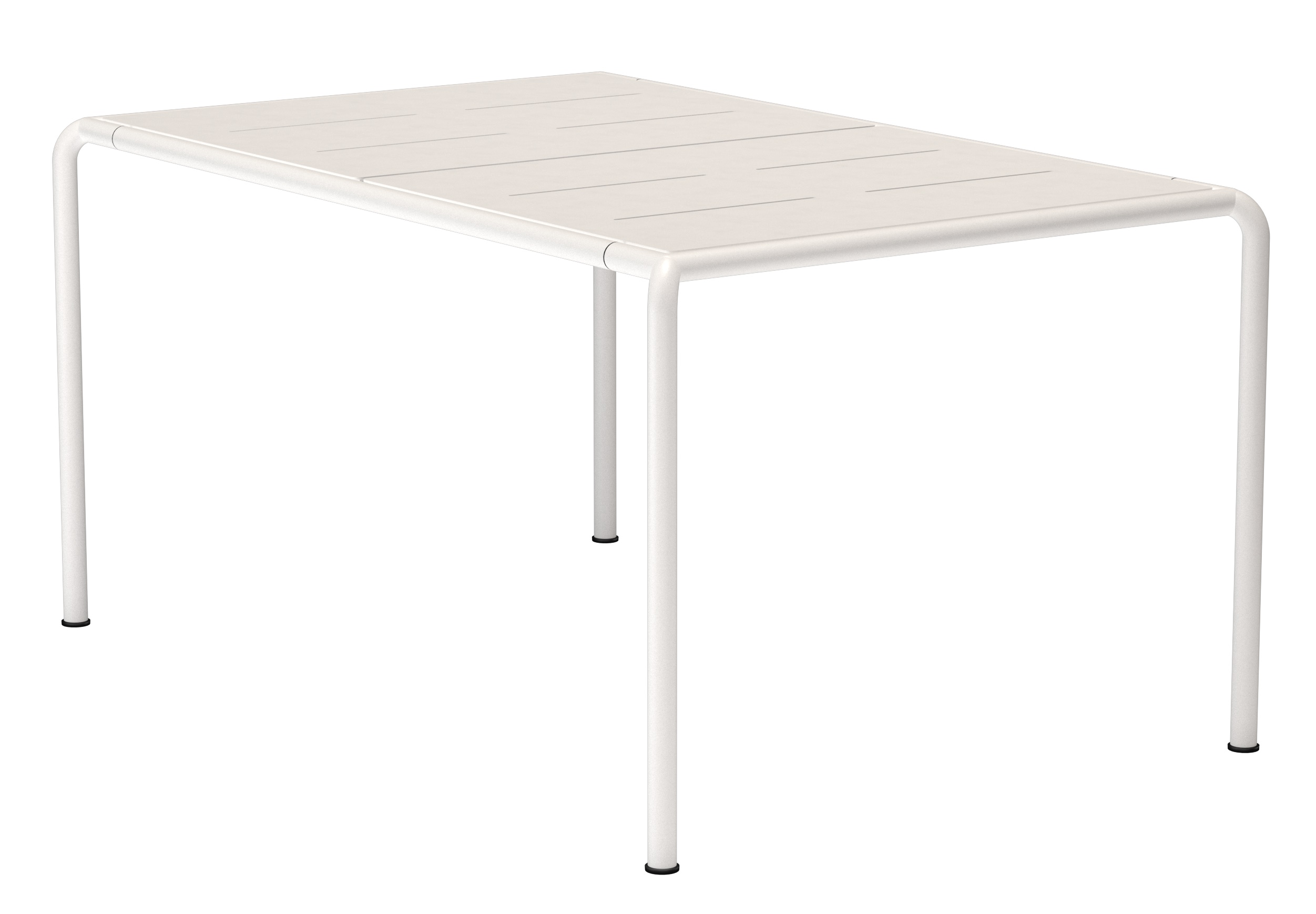 Avanti Esstisch von Houe, ein moderner Outdoor Tisch mit weißem Aluminiumgestell und Lamellen.