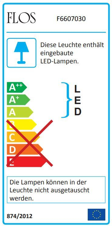 Energieeffizienzlabel der Flos Taccia LED Tischleuchte in Schwarz mit fest verbauten LEDs.