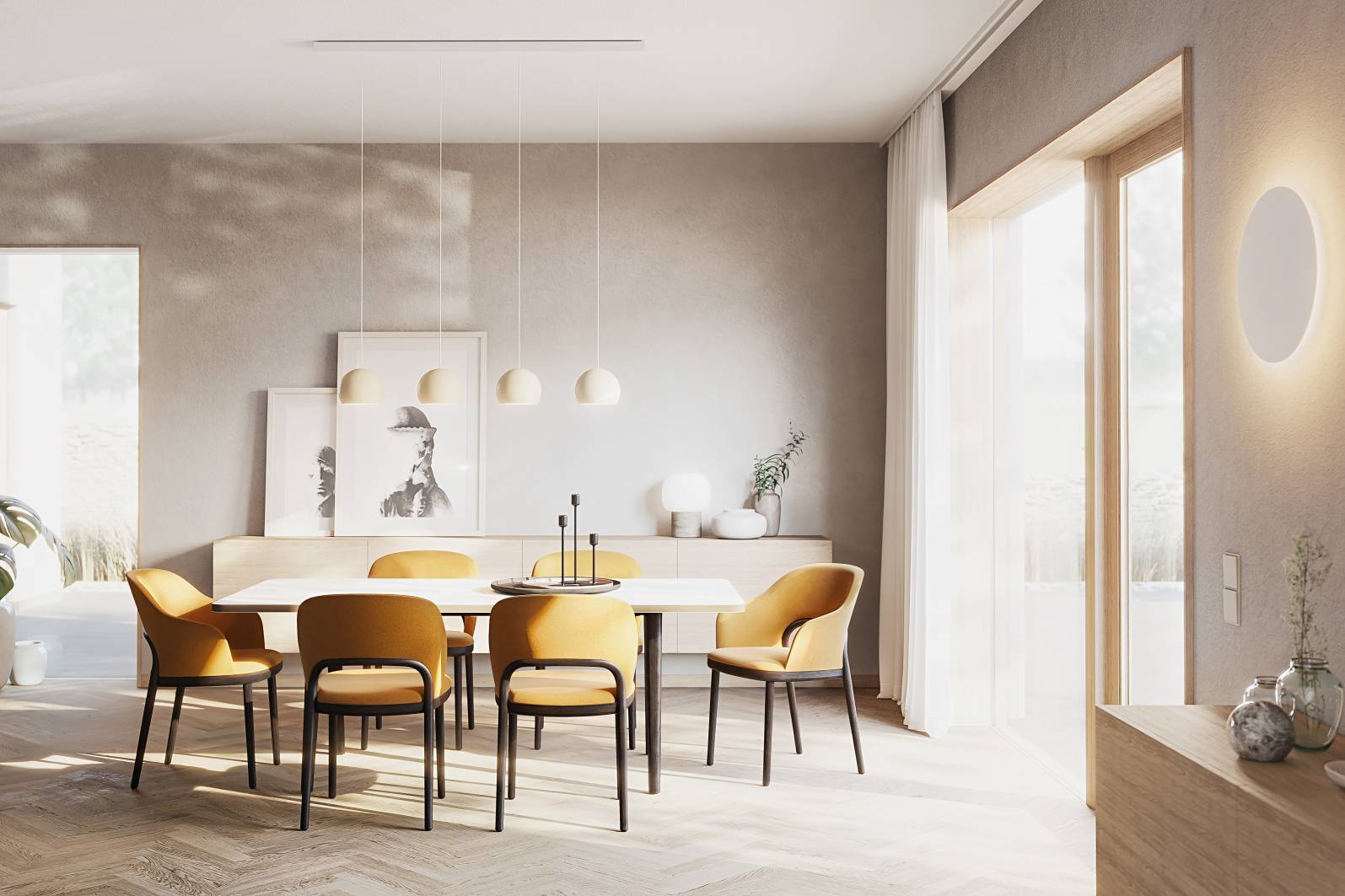 Esszimmer mit Esstisch und sechs gelben Thonet 520 PF Polsterstühlen mit schwarzen Beinen.