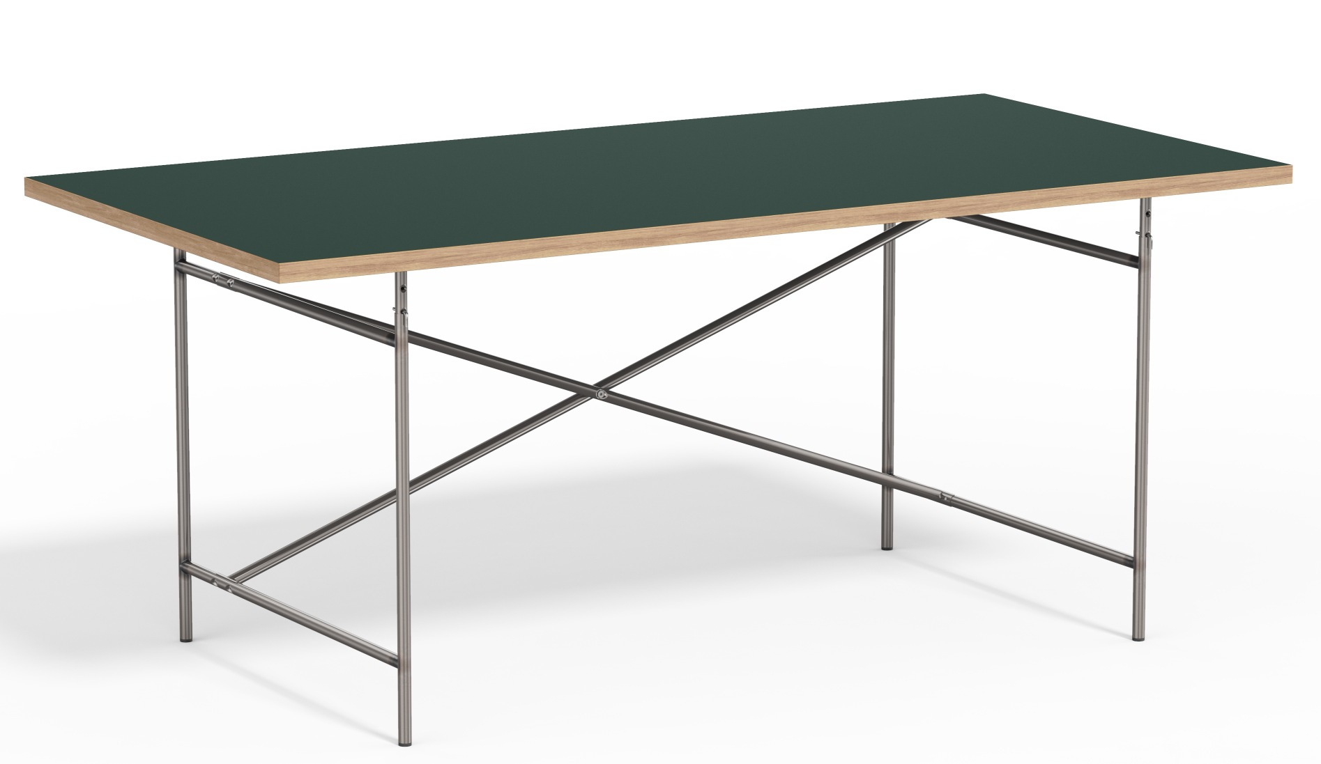Eiermann Tisch mit dunkelgrüner Tischplatte und verchromtem Stahlgestell, Designklassiker für Büro und Arbeitszimmer.