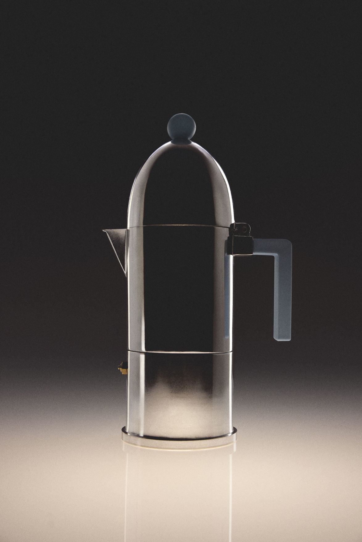 Alessi La Cupola Espressokocher aus Edelstahl mit hellblauem Griff und Knopf, elegante italienische Kaffeekanne.