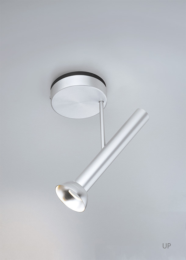 TOPOLED W Deckenleuchte von Baltensweiler in Silber, modernes Design mit flexiblem Leuchtenkopf für gezieltes Licht.