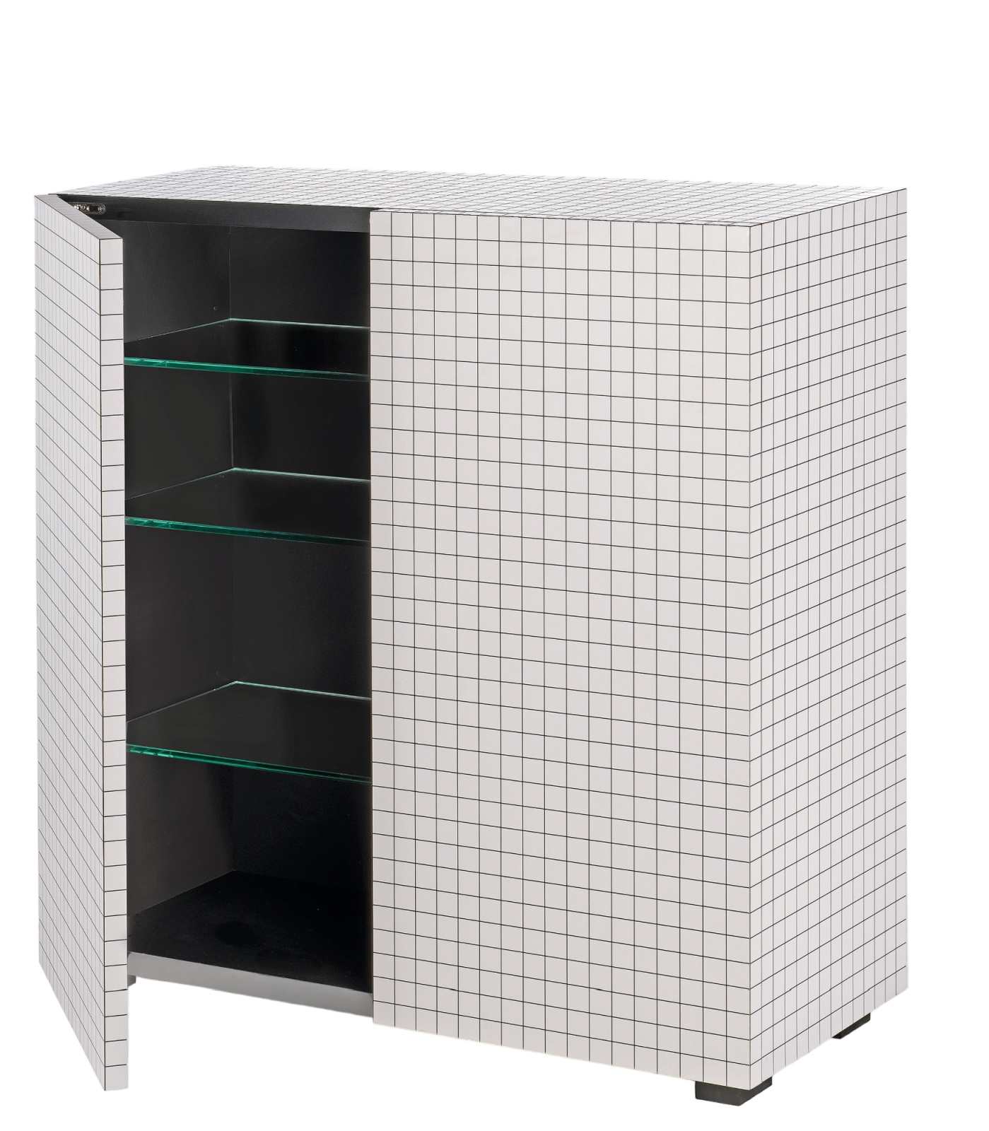 Zanotta Quaderna Schrank mit geöffneter Tür, weißen Gittermuster und Glasböden. Designerschrank für Wohnzimmer.