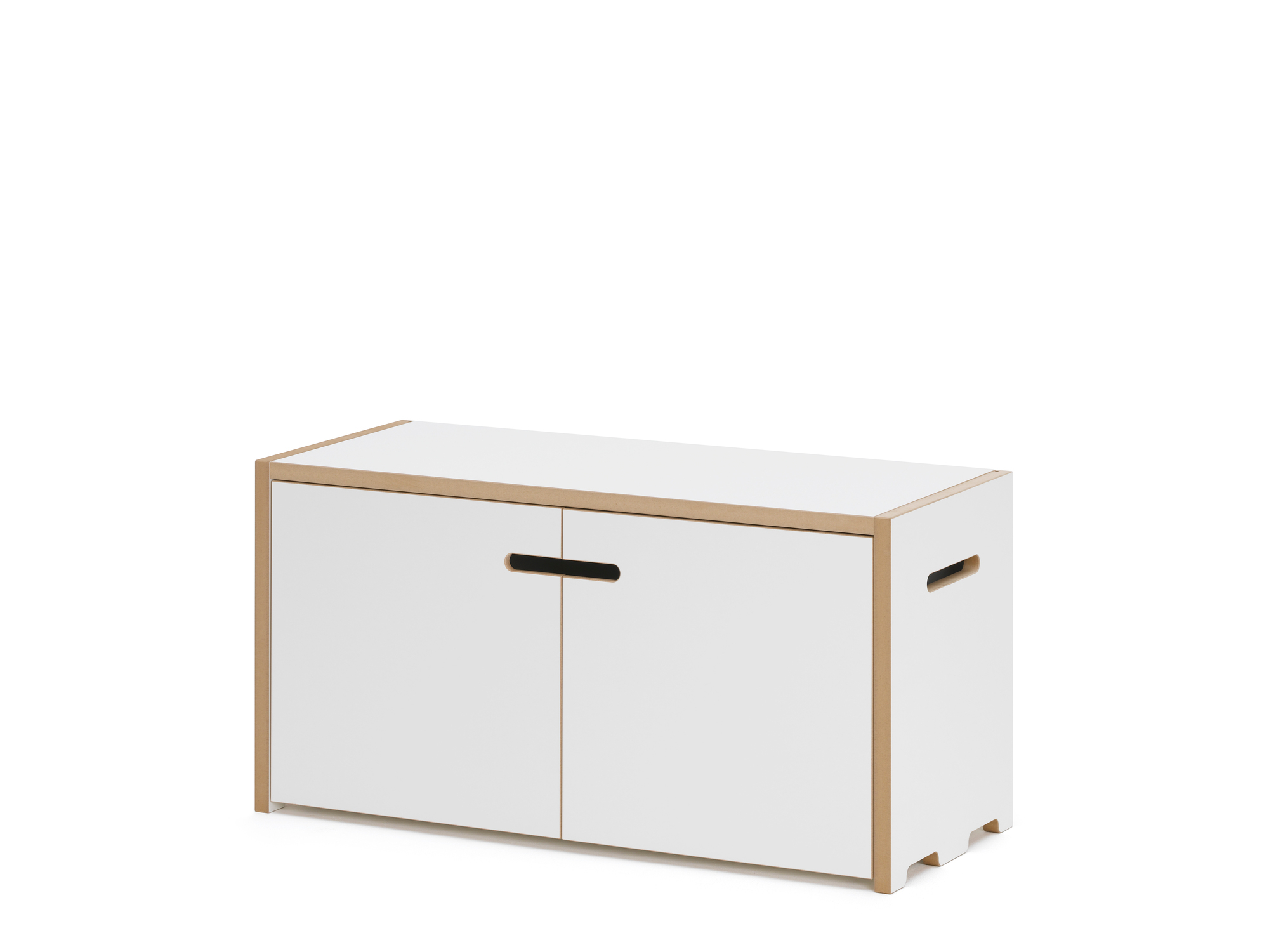Tojo Hochstapler Regal Grundmodul mit weißen Türen. Modernes, minimalistisches Design für Wohnzimmer und Kinderzimmer.