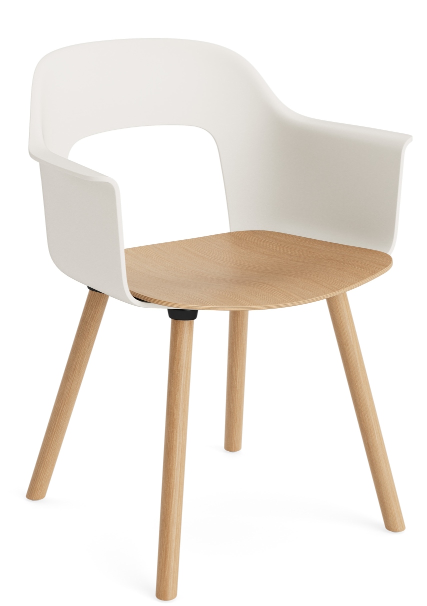 Layout Armchair 222 Armlehnstuhl von Hay, moderner Stuhl mit Armlehnen, Sitzfläche aus Holz und weißen Kunststoffelementen.
