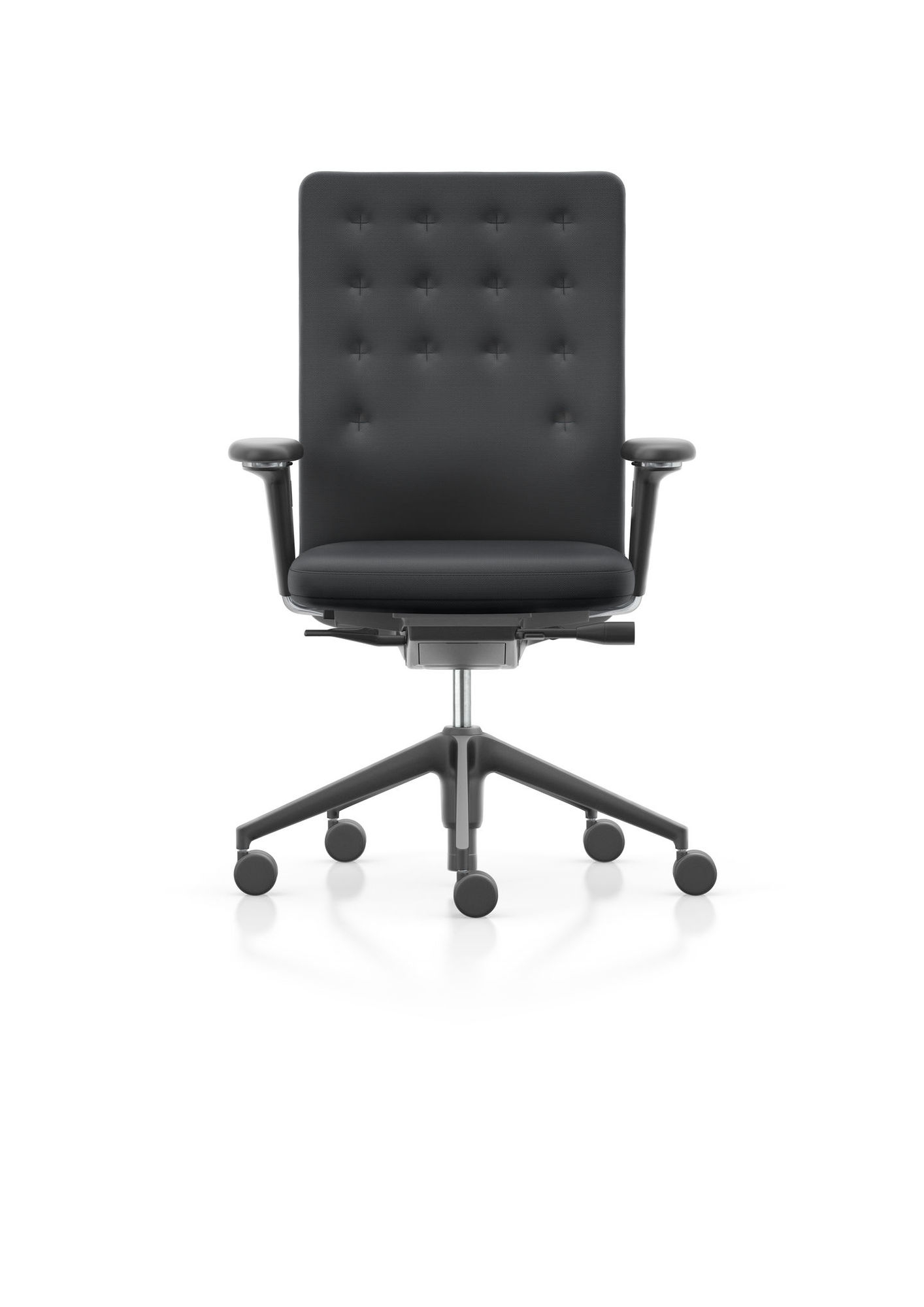 Schwarzer ID Chair Bürodrehstuhl von Vitra mit hoher Rückenlehne und Armlehnen, ergonomischer Bürostuhl für das Büro.