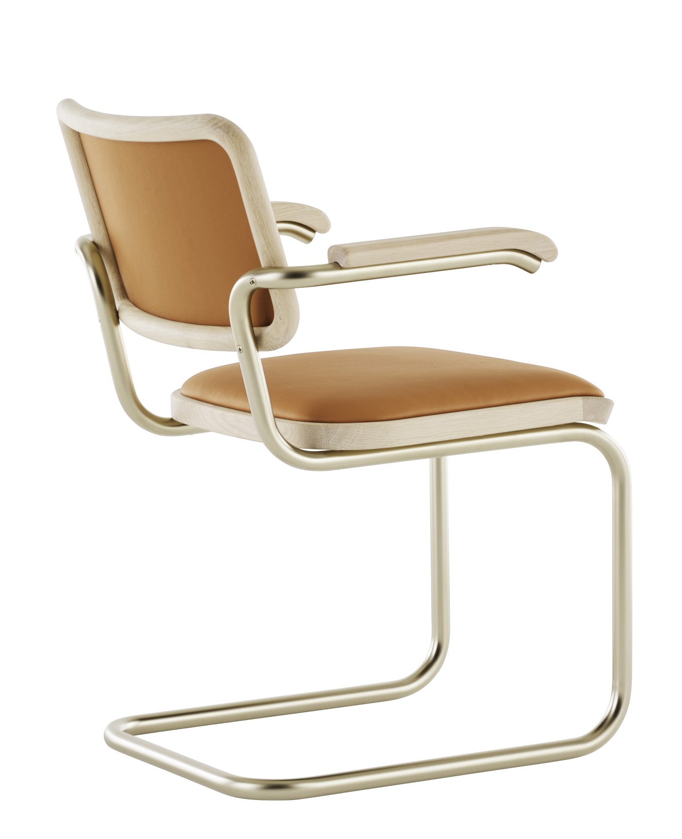 JS. Thonet S 64 P Freischwinger Stuhl mit Armlehnen, Holzrahmen und cognacfarbenem Lederbezug von hinten.
