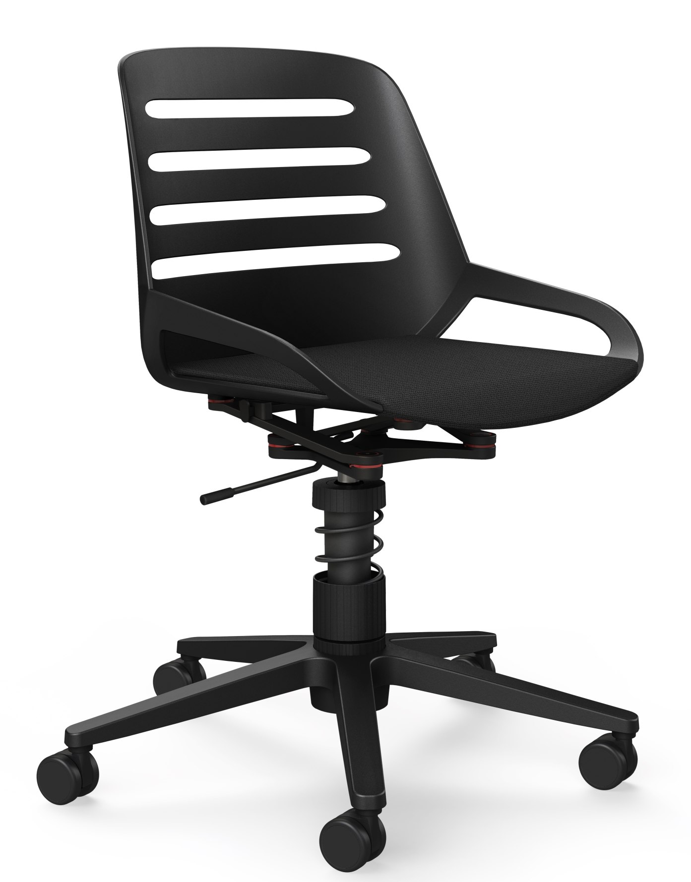 Schwarzer Numo Task Bürodrehstuhl von Aeris mit Rollen und Federbein, ergonomischer Arbeitsstuhl für das Büro.
