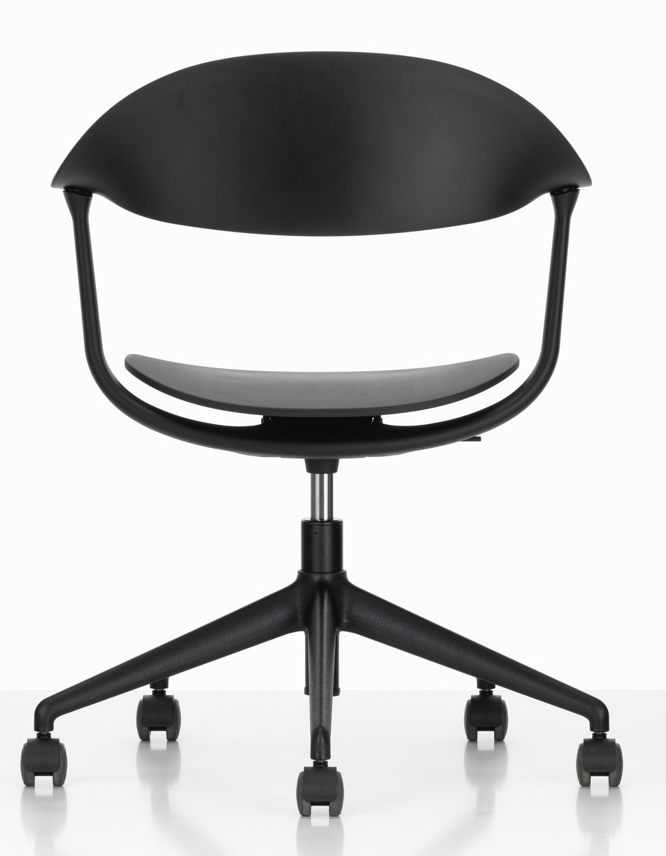 Mynt Bürodrehstuhl von Vitra, schwarzer Kunststoffstuhl mit Rollen und ergonomischer Rückenlehne für das moderne Büro.
