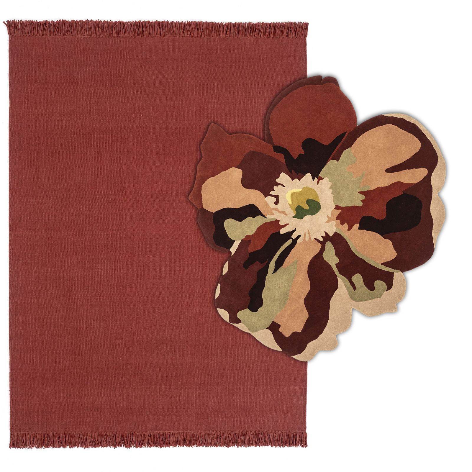 Nanimarquina Flora Bloom Teppich: Detailansicht des roten Teppichs mit floralem Muster. Hochwertiger Designteppich.