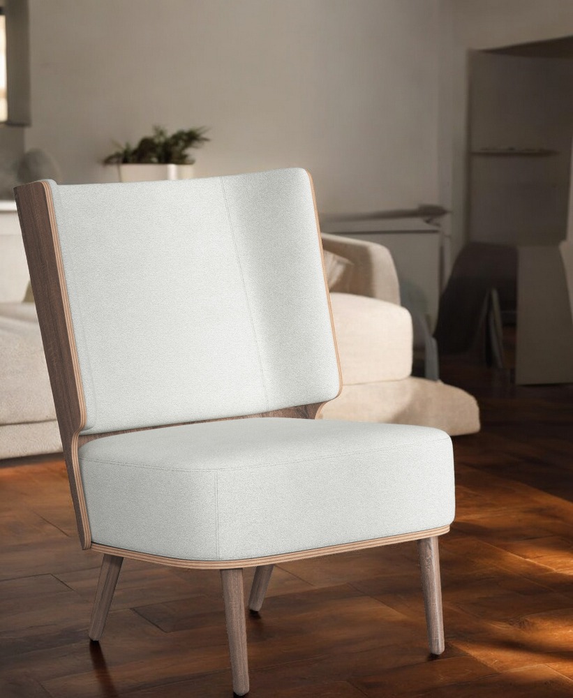 Serena Lounge Chair Sessel mit dunklem Eichenrahmen und hellbeigem Stoffbezug. Moderner Sessel.