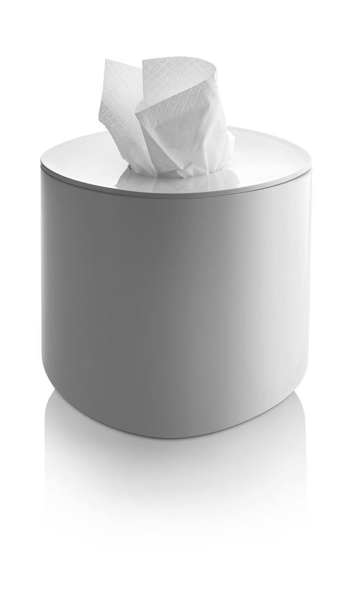 Weißer Birillo Kleenex Behälter von Alessi mit Taschentüchern, modernes Design für Badezimmer und Wohnbereich.