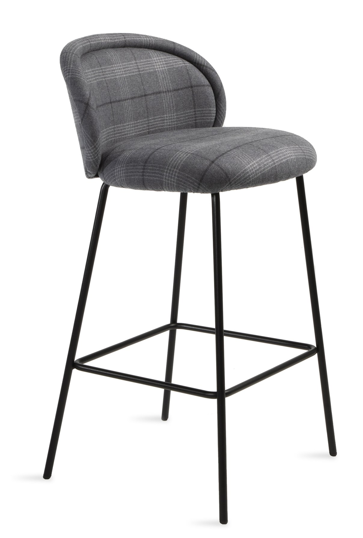 Ona Counterstool Barhocker von Freifrau Manufaktur mit grau kariertem Stoffbezug und schwarzem Metallgestell.