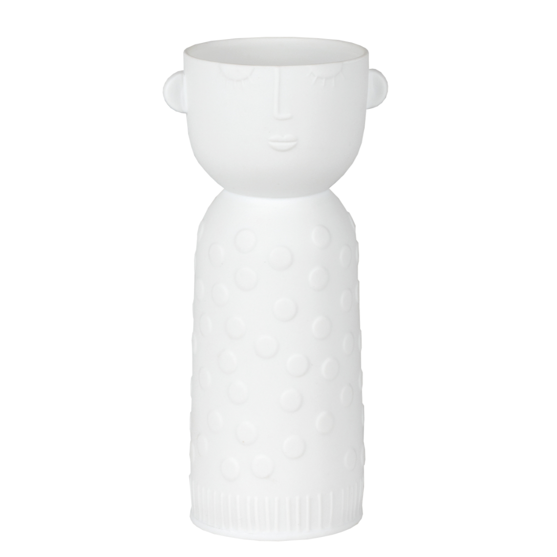 Weiße Räder Vase mit Gesicht und Punktmuster, Teil des Naturgestalten 3er Sets.