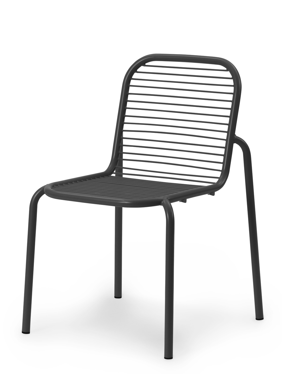 Normann Copenhagen Vig Chair Stuhl für den Außenbereich, minimalistisches Design mit horizontalen Streben in Anthrazit.