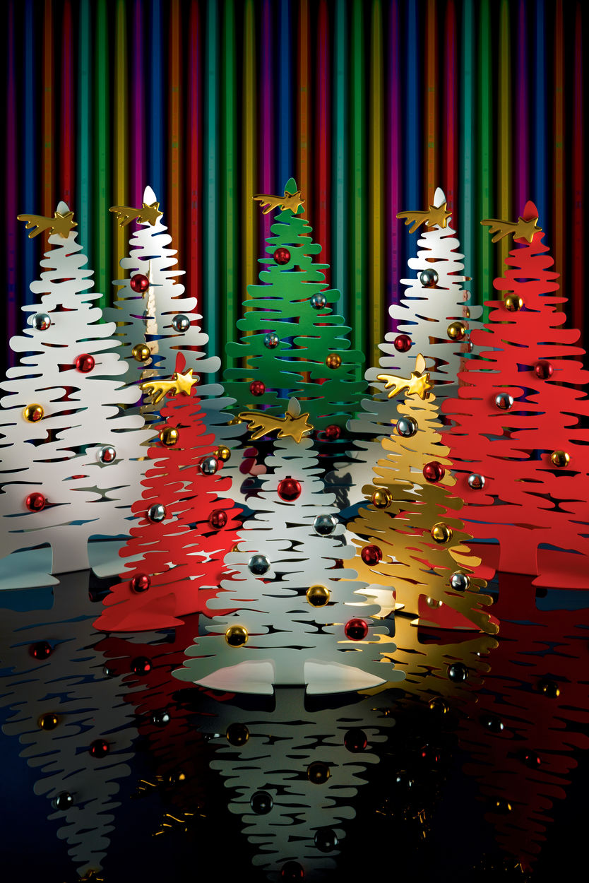 Alessi Bark for Christmas Weihnachtsbäume in Weiß, Rot, Grün und Gold, festliche Weihnachtsdekoration.