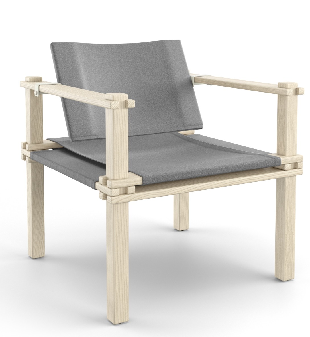 Grauer Farmer Sessel Outdoor Cor mit hellem Holzgestell, moderner Gartenstuhl für Terrasse und Balkon.