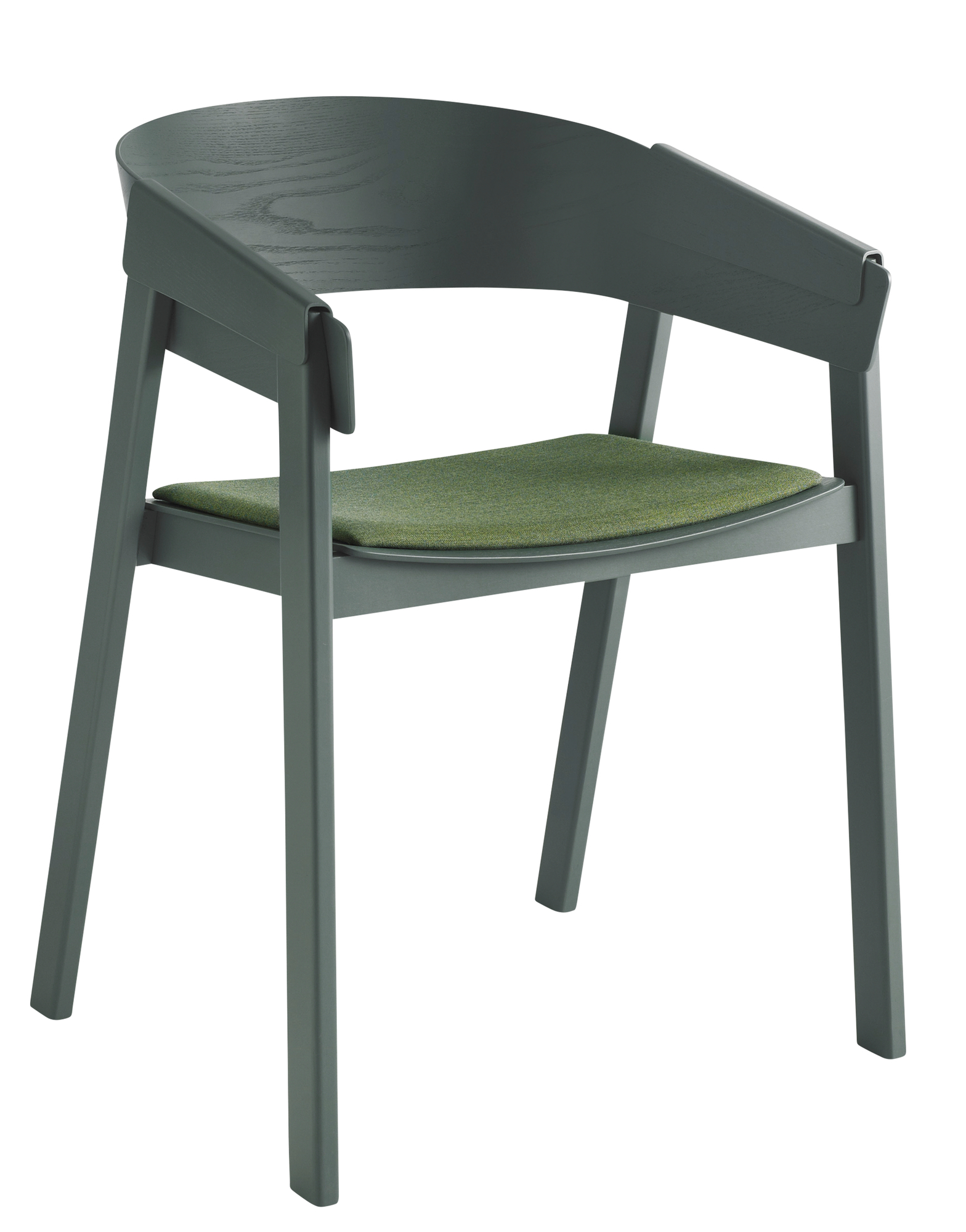 Muuto Cover Chair Stuhl in Grau mit grüner Sitzfläche, skandinavisches Design für Esszimmer und Wohnbereich.