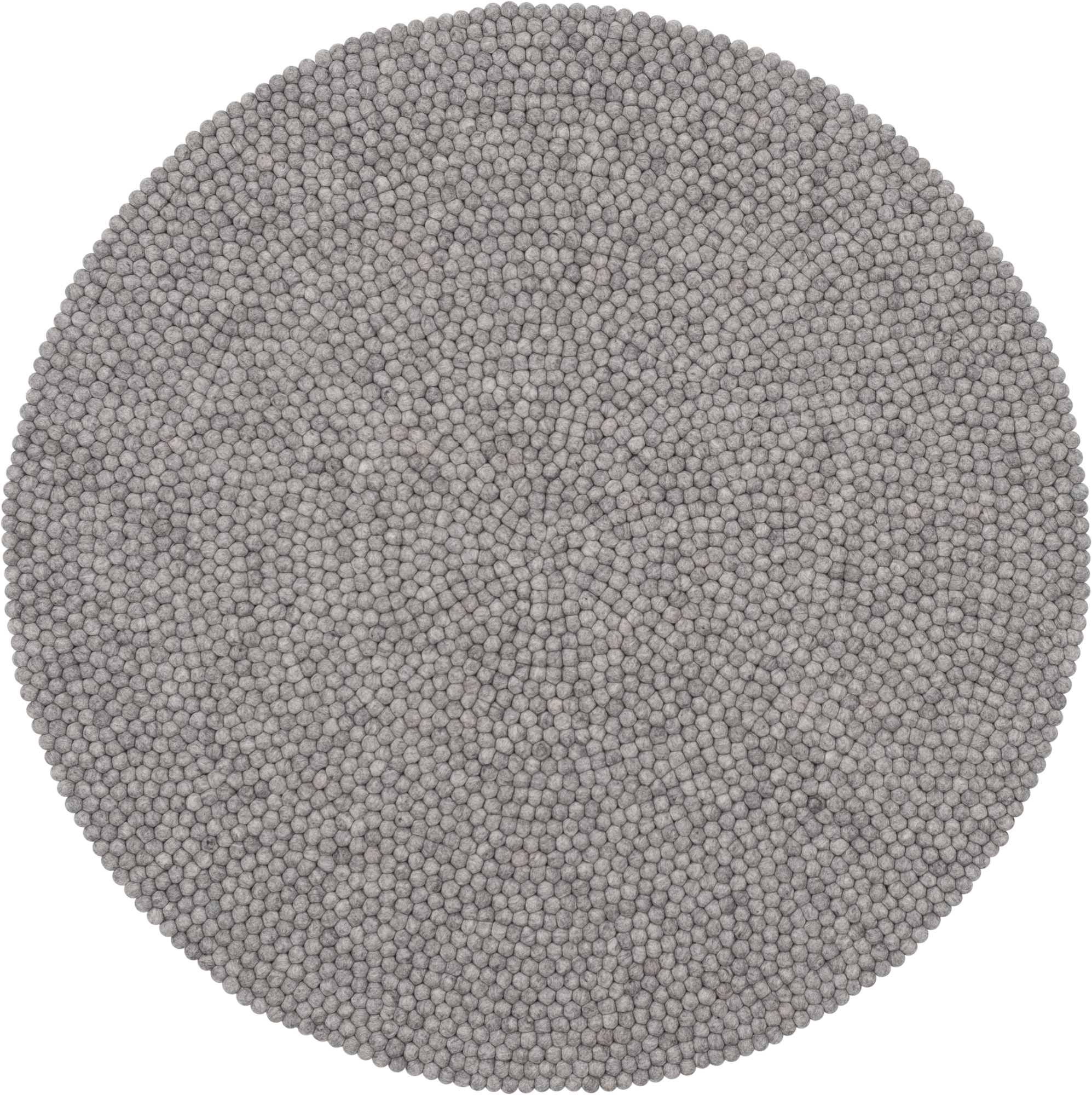 Runder, grauer Filzkugel Teppich (myfelt Carl) mit 180 cm Durchmesser. Handgefertigter Wollteppich.
