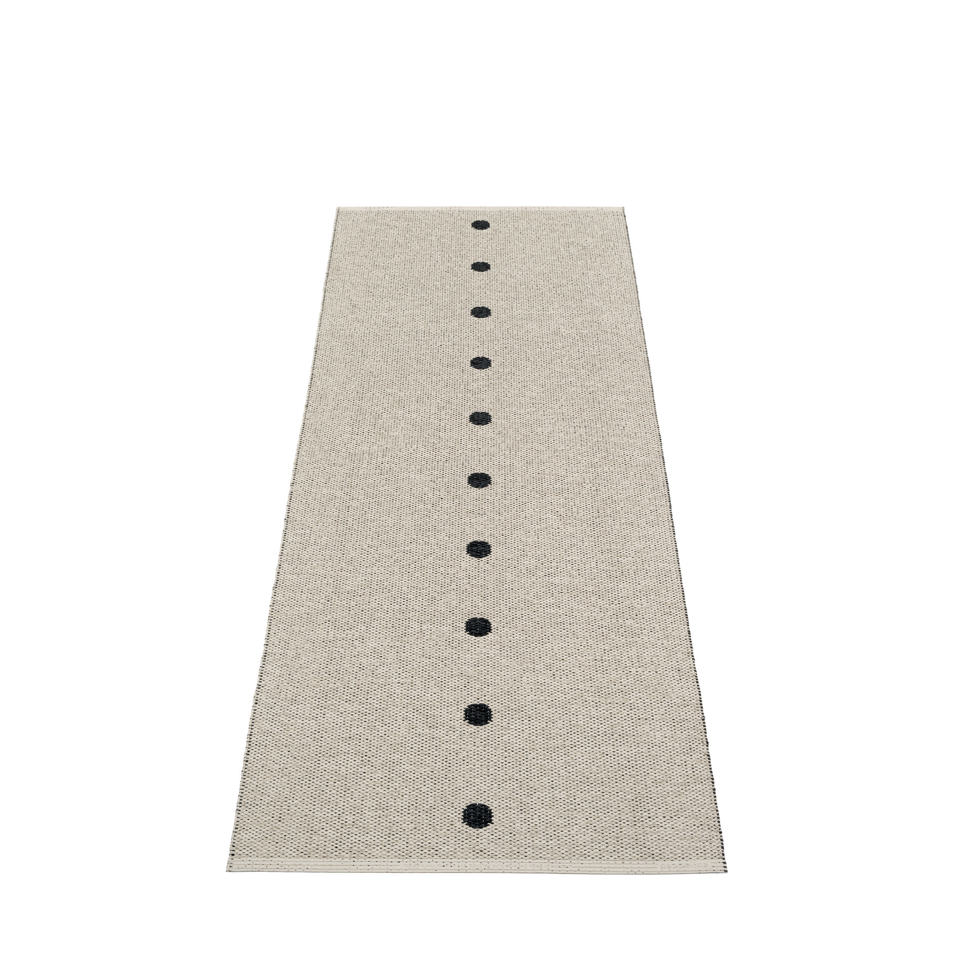Pappelina Peg Kunststoffteppich 70x200 cm, beige mit schwarzen Punkten, moderner Teppich für Innenräume.