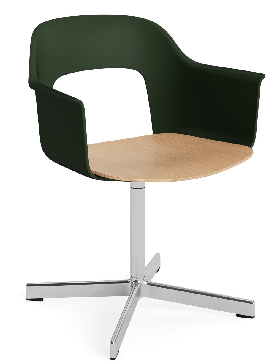 Layout Armchair 232 von Hay: Armlehnstuhl in Dunkelgrün mit Holz-Sitzfläche und verchromtem Drehfuß.