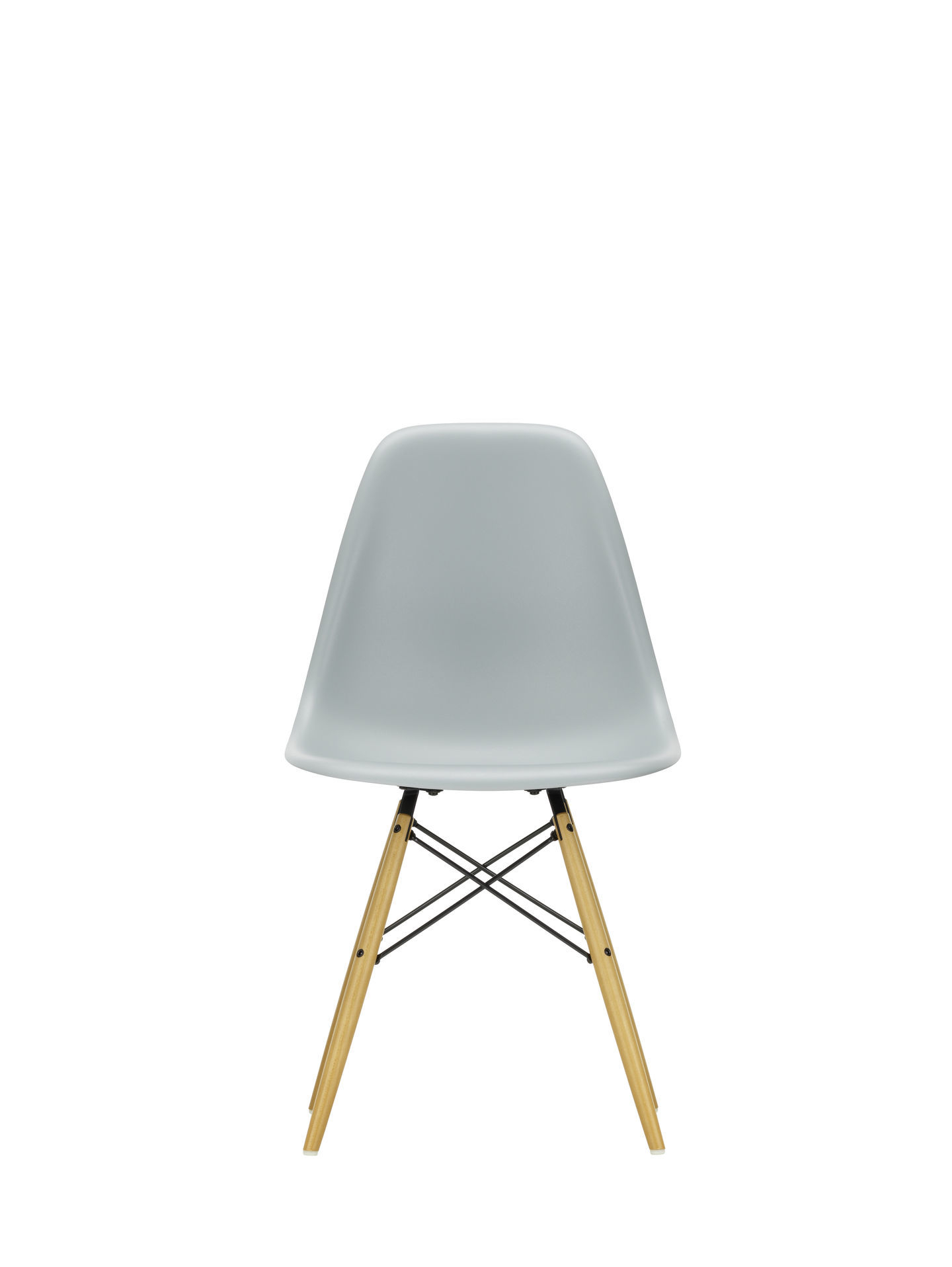 Eames Plastic Side Chair DSW, grün-graue Sitzschale, Ahorn-Holzbeine und schwarze Metallverstrebungen, Vitra Stuhl.