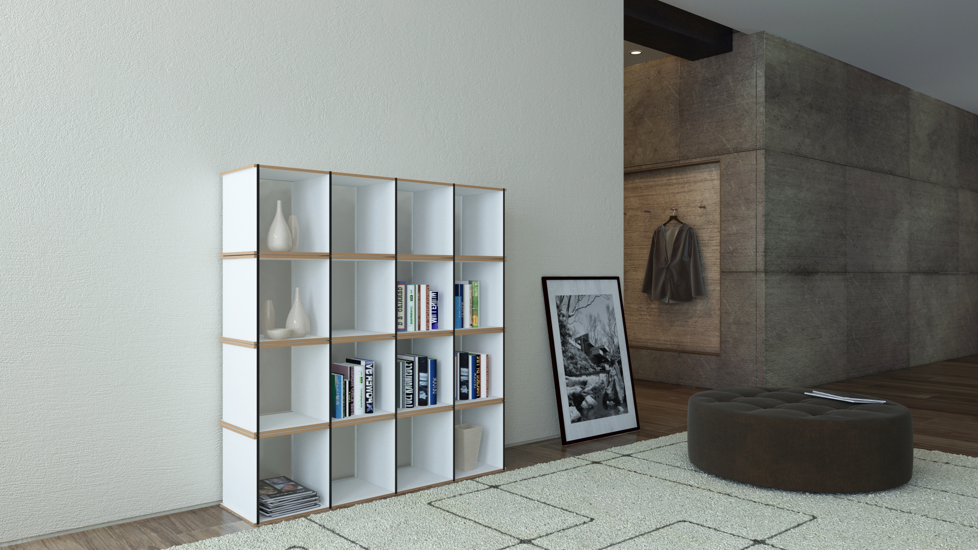 Tojo Aktenpack Regal Modul, weißes Bücherregal mit Fächern für Bücher und Dekoration im Wohnzimmer.