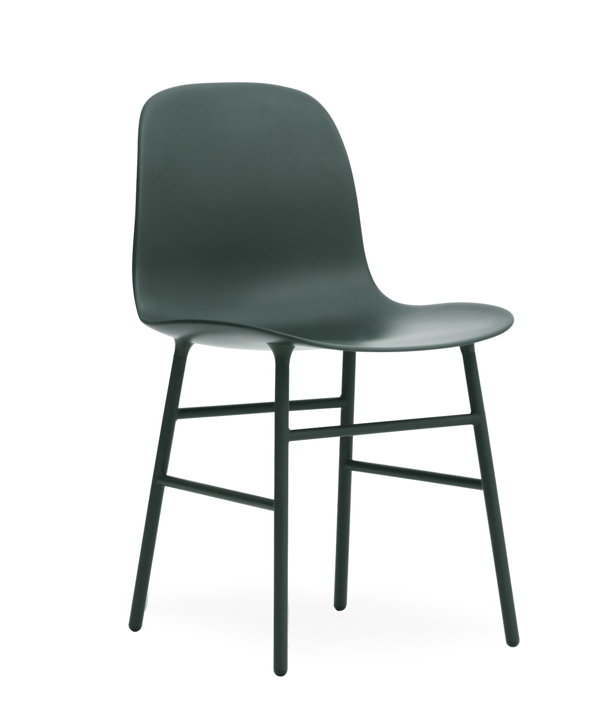 Freigestellter Form Chair Stuhl von Normann Copenhagen in dunklem Grün, minimalistisches Design für Esszimmer und Büro.