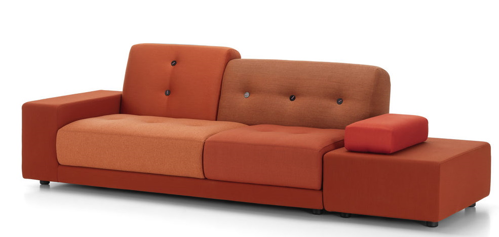 Vitra Polder Sofa in verschiedenen Orangetönen mit Knopfdetails und einem zusätzlichen Hocker.