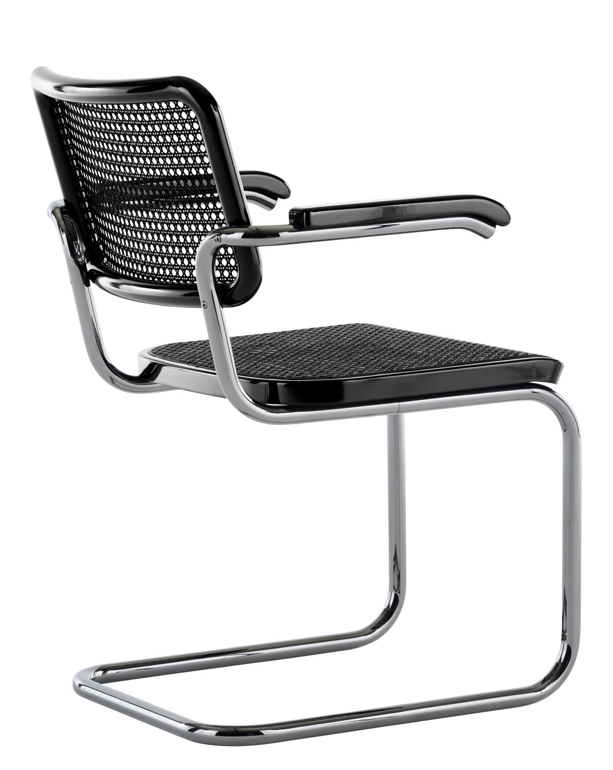 JS. Thonet S 64 V Freischwinger Stuhl mit verchromtem Stahlrohrgestell, schwarzem Holz und Wiener Geflecht.