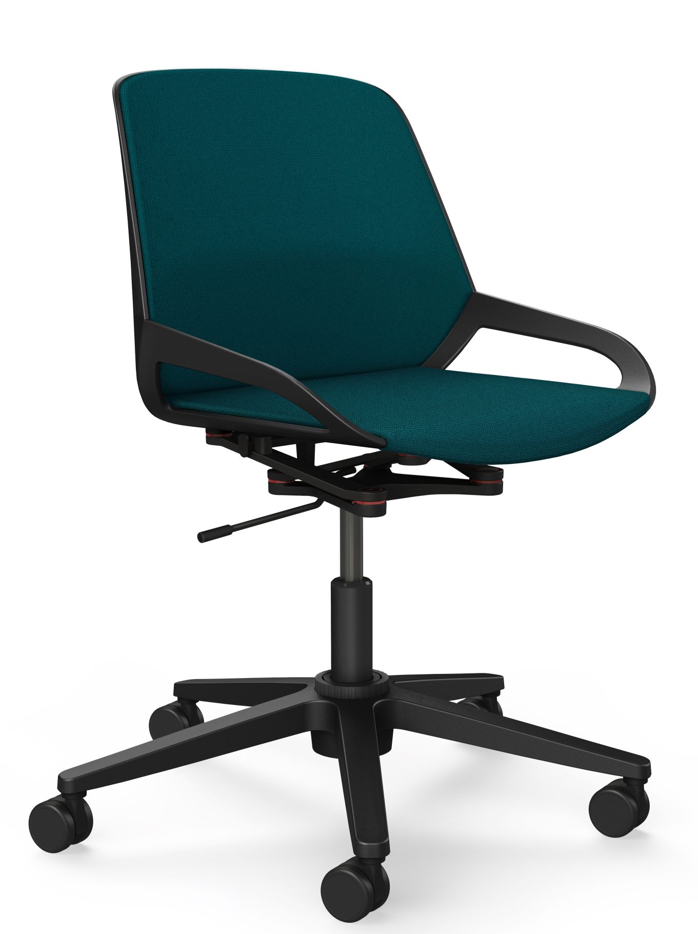 Numo Bürodrehstuhl von Aeris, ergonomischer Arbeitsstuhl mit Säule, Rollen und petrolfarbenem Bezug.